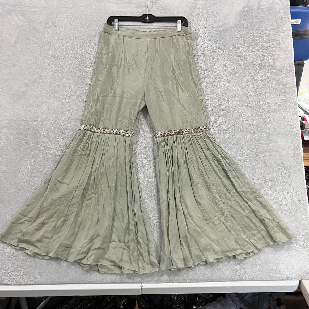 Palazzo Pants Women M/L Wide-Leg Beads Peals Ruffle Hem Boho Lagenlook Hippie